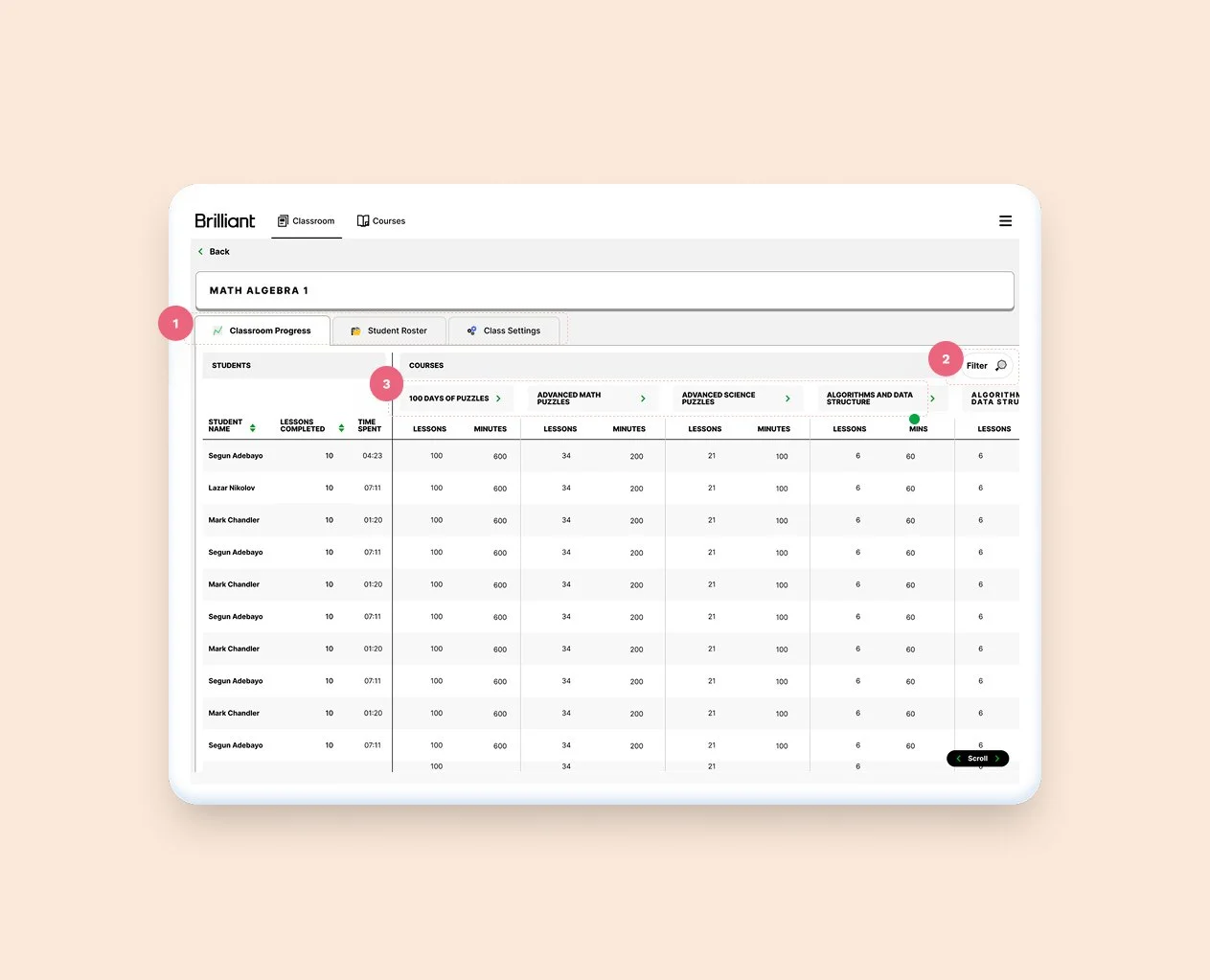 1. Breaking things into three separate tabs allow for better use of the space
2. Folded filters into it's own CTA and modal
3. Tightening up cells, and adding contrasting backgrounds between lines help the table read better