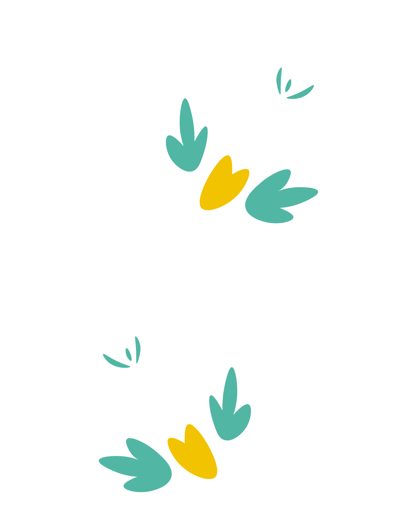 Abstract floral pattern with teal and yellow leaf shapes scattered across a white background.