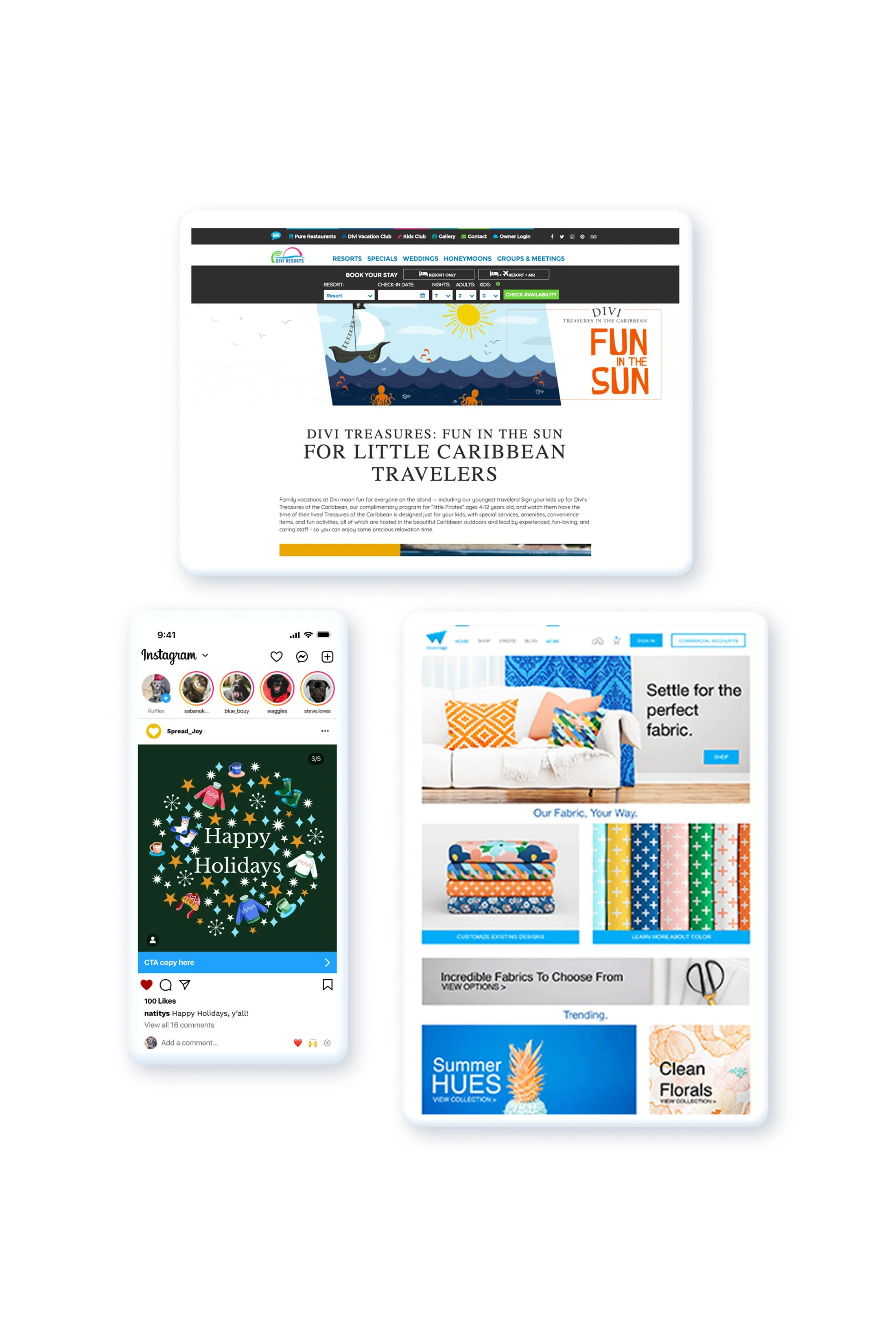 Multiple screens displaying various website pages, including a resort booking page, an online fabric store, an Instagram holiday greeting post, and a fabric product catalog.