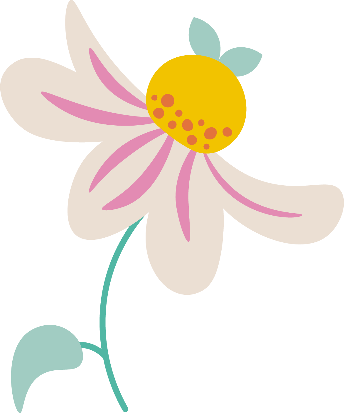 Stylized drawing of a flower with cream petals, pink lines on the petals, a yellow center with orange spots, and green leaves and stem against a black background.