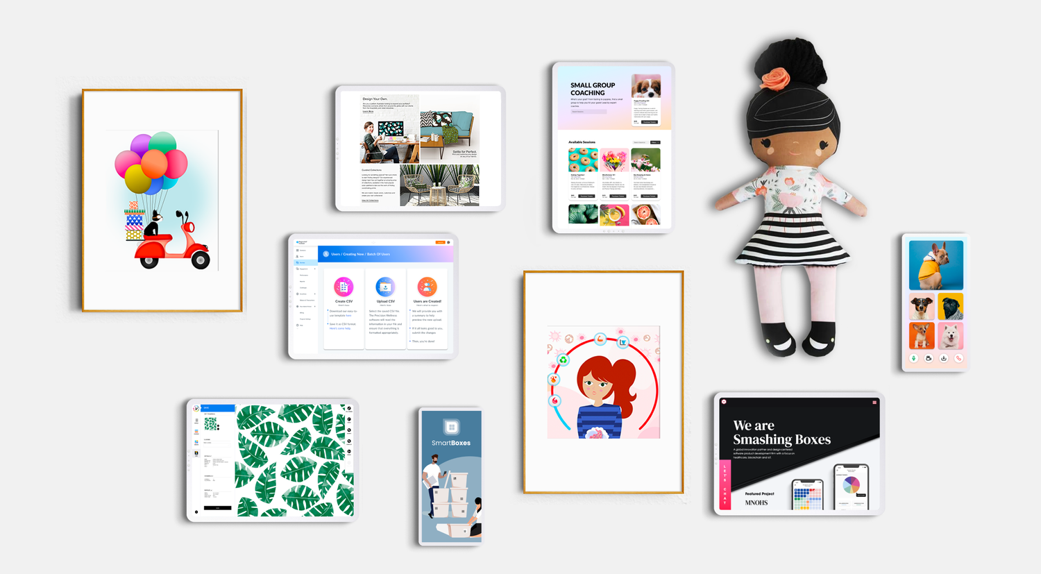 A collection of various digital screens, a plush doll, and a smartphone with pet images, displaying design mockups, website layouts, and app screens related to creative projects and pet themes.