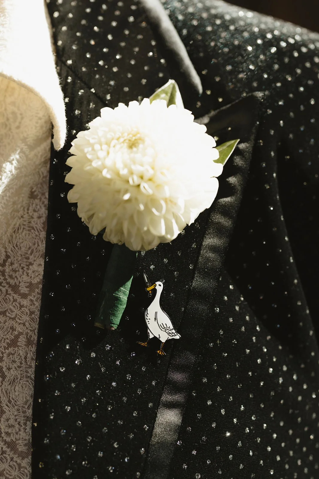 A small white boutonniere on a black and white polka dot jacket