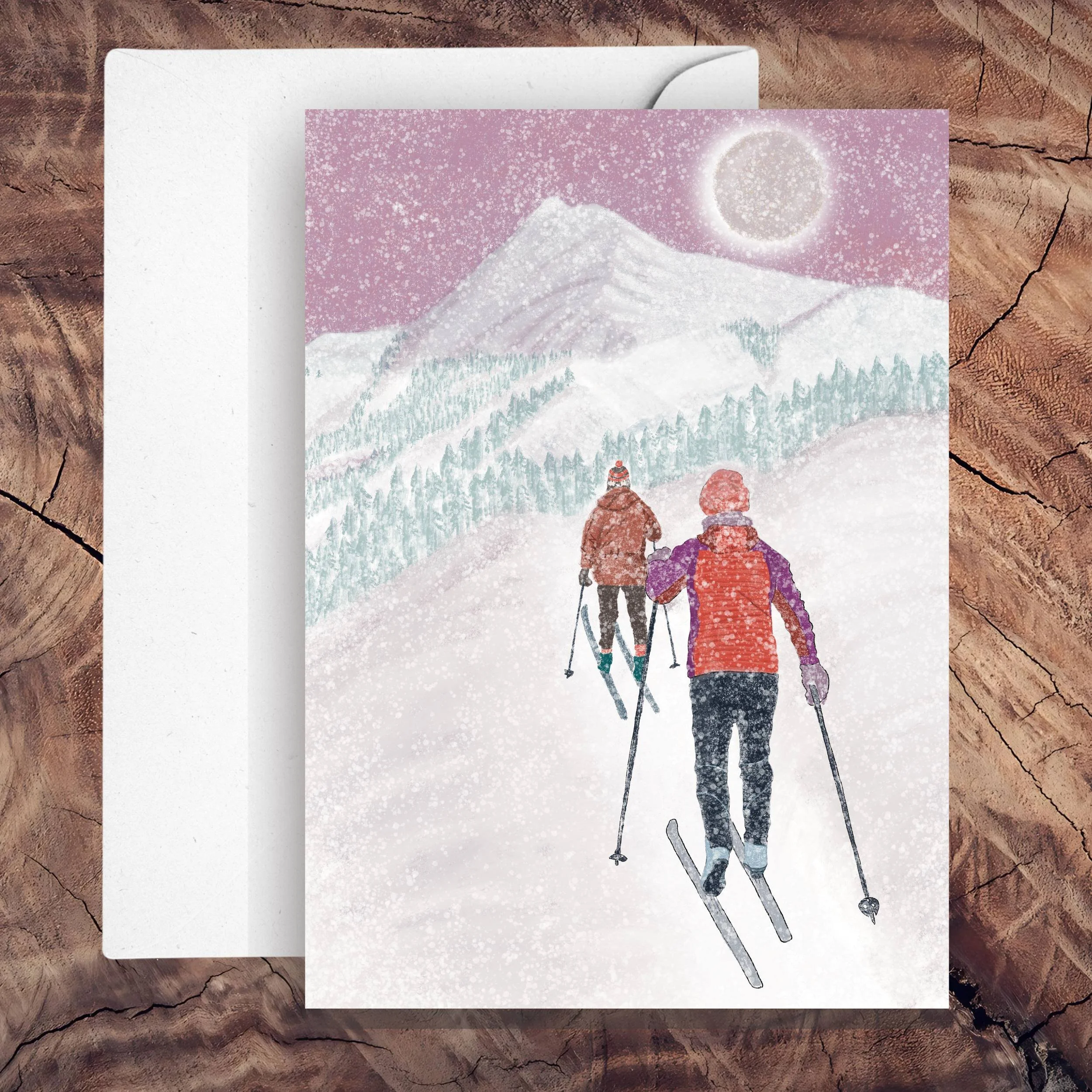 Moonlit Mountain Ski Tour Greeting Card