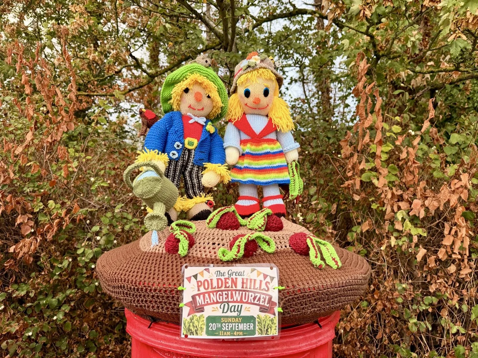 Crochet post box topper celebrating the great Polden hills mangelwurzel day 2026