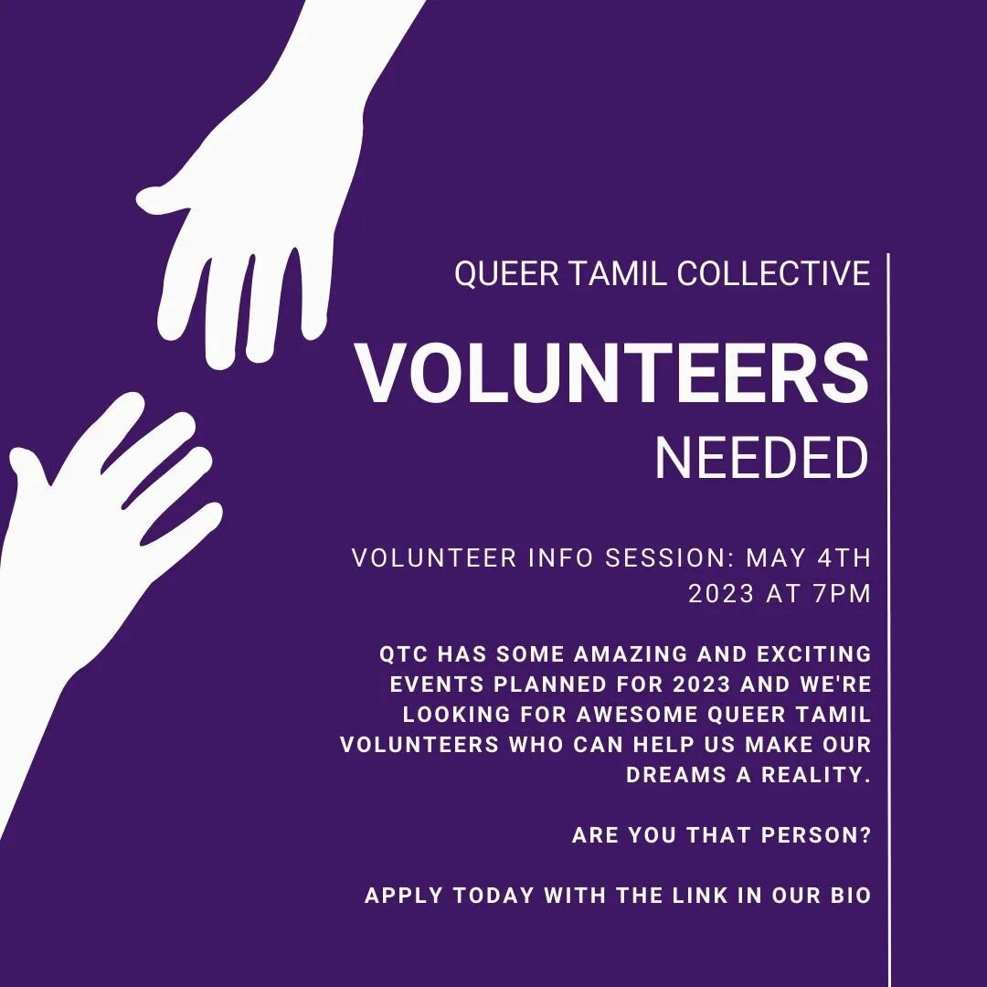 We have some exciting events planned this year, and we're looking for Queer and Trans Tamil people to help us bring our dreams into reality. 
Apply with the link in our bio!

#tamil #lgbtq #queer #trans  #volunteer