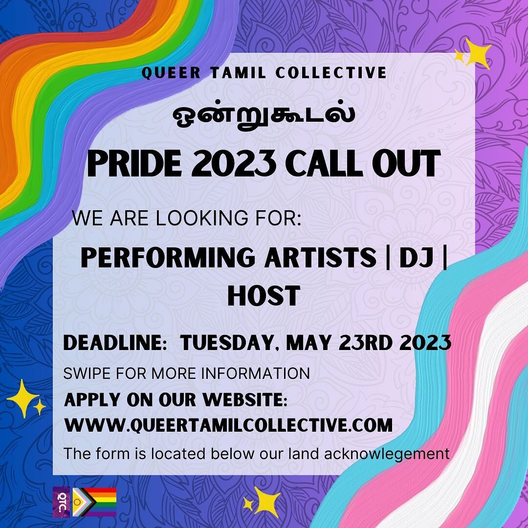 Calling all Queer and Trans Tamil performers, DJs and hosts!
We are looking for you👀

Apply by Tuesday, 23rd May 2023

Apply with our link in bio.
Application form is below the land acknowledgment.

#artists #performers #queer #trans #lgbtq #tamil #