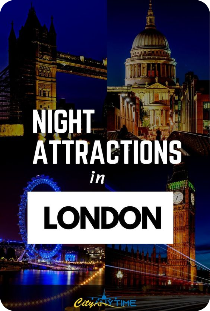 Pin odkazujúci na blog s nočnými atrakciami v Londýne.