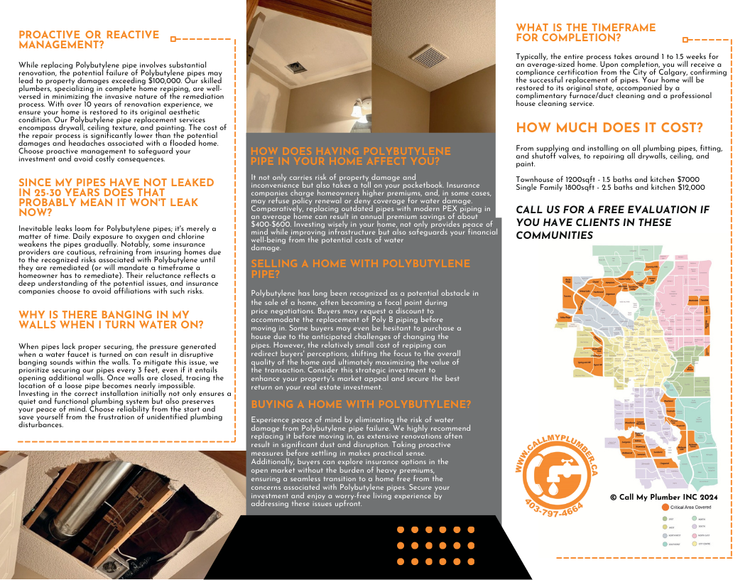 Flyer detailing polybutylene pipe replacement services by a plumbing company, including information on proactive management, cost, timeframe, insurance impact, and a service area map.