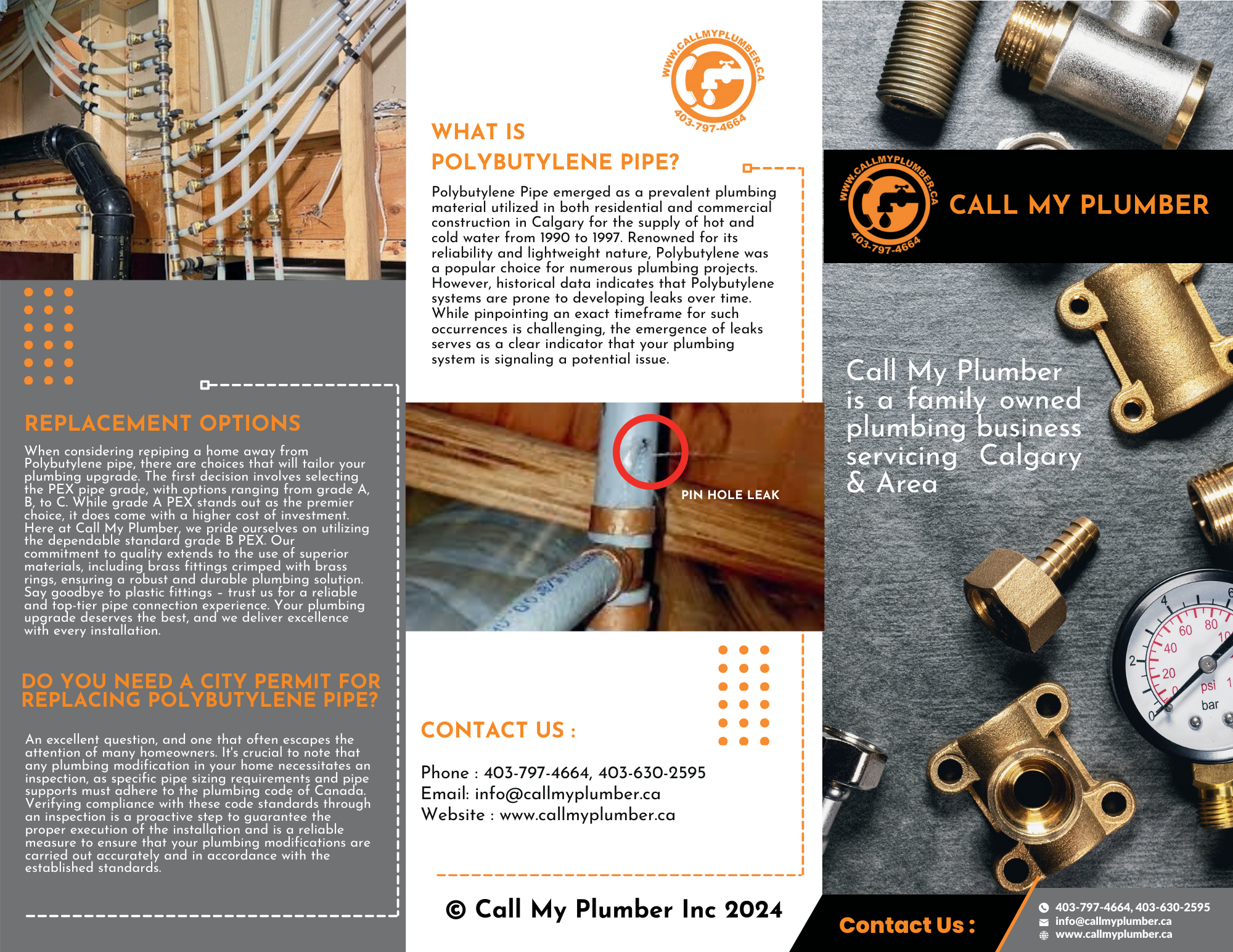 Plumbing flyer for 'Call My Plumber' featuring information about polybutylene pipe issues, replacement options, and business contact details. Includes images of metallic fittings, a gauge, and a pipe labeled with a pinhole leak. Highlights service area as Calgary & surrounding area.