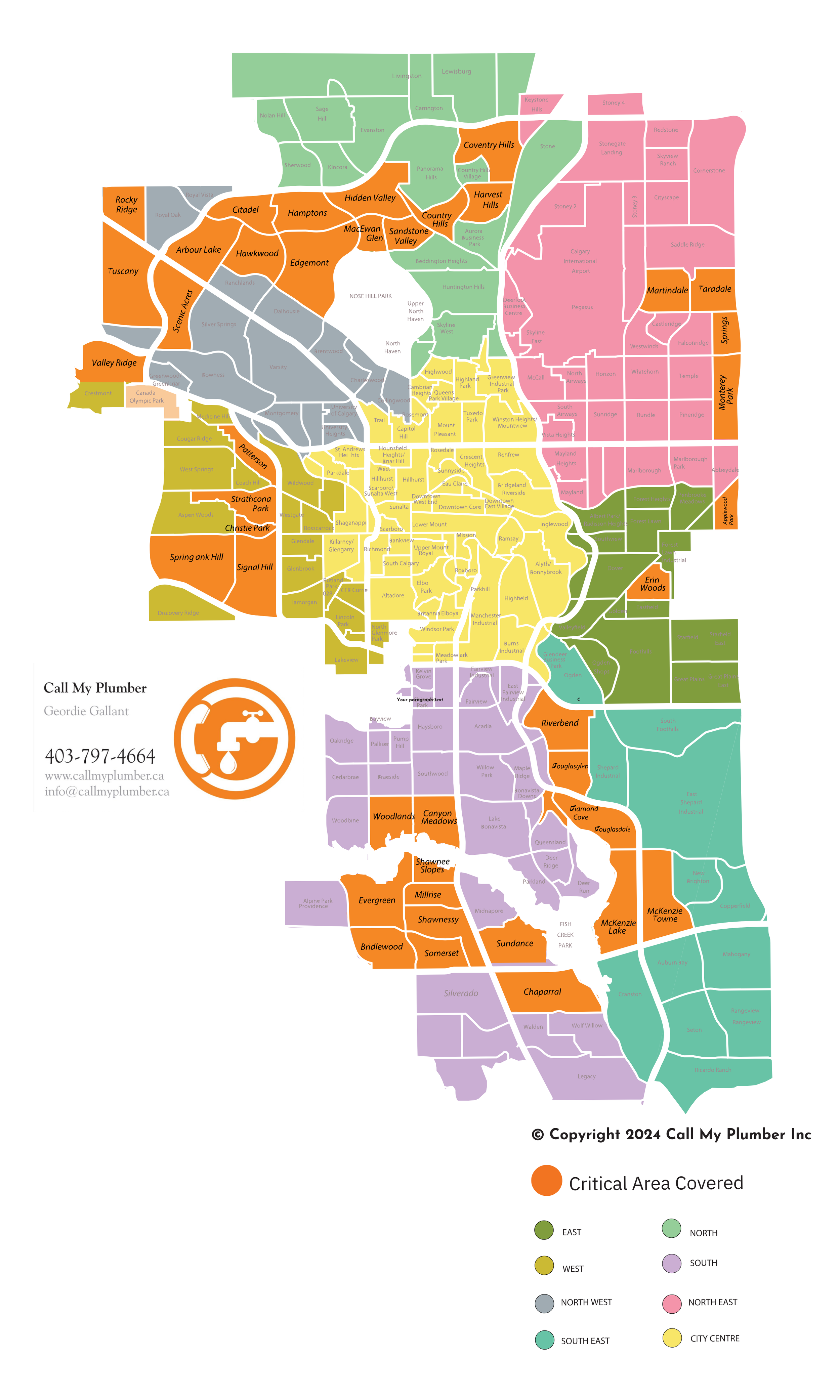 Map showing different regions in a city with color-coded areas for critical plumbing coverage. Includes contact information for 'Call My Plumber' and geographical names and boundaries.