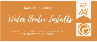 $50 off coupon for water heater installs with "Call My Plumber" branding.