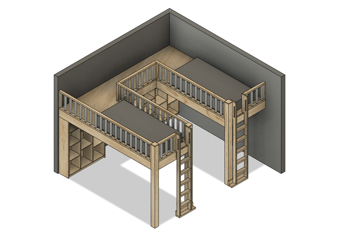 Connected Side-by-side Twin Loft Bed - Twin Loft Bed - Bed with Bookshelf - DIY Build Plans