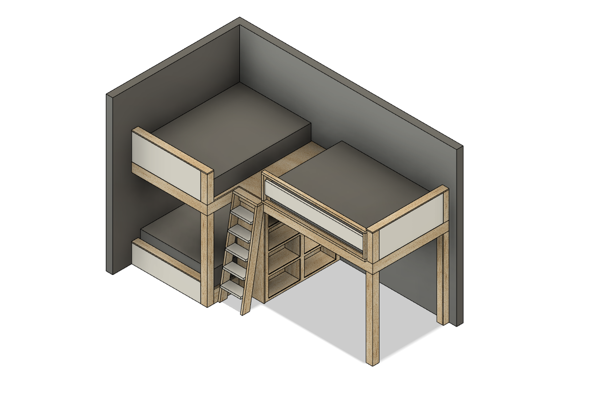 L-shaped Triple Bunk Bed for Full/Double Mattresses - Bunk with Bookshelf - DIY Bunk Bed