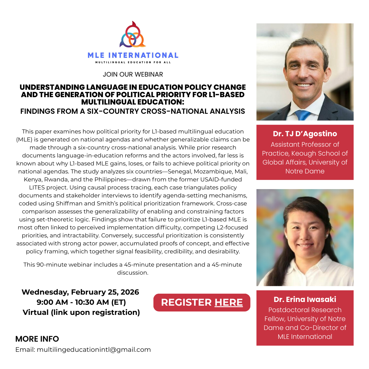 FEBRUARY WEBINAR: Understanding language in education policy change and the generation of political priority for L1-based multilingual education: Findings from a six-country cross-national analysis