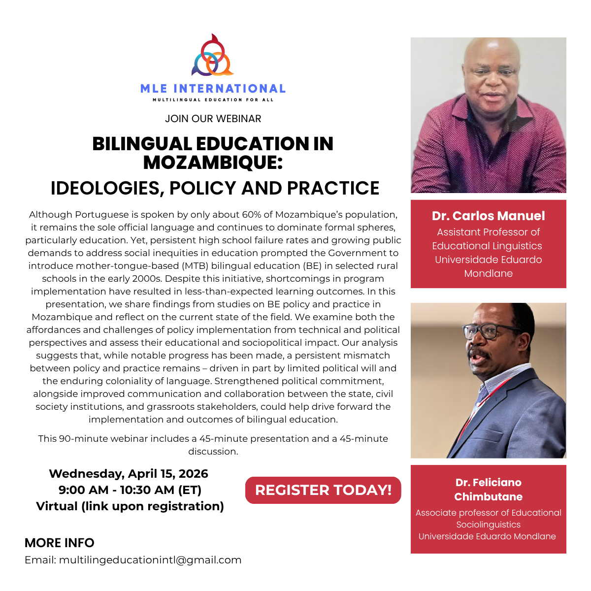 APRIL WEBINAR — Bilingual Education in Mozambique: Ideologies, Policy and Practice
