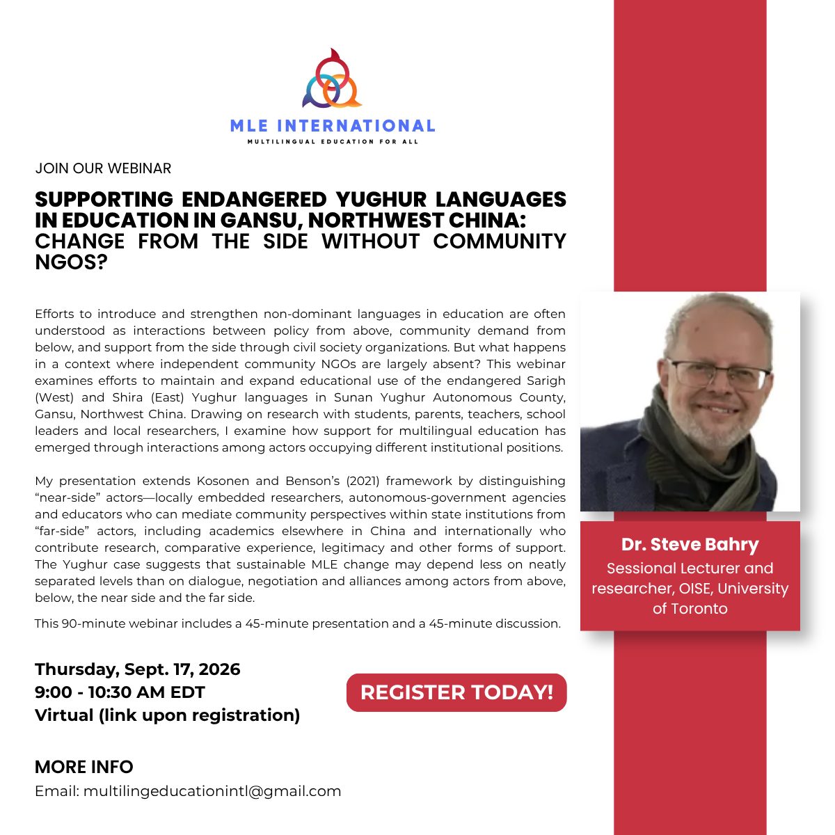 SEPTEMBER WEBINAR — Supporting endangered Yughur languages in education in Gansu, Northwest China: Change from the side without community NGOs?