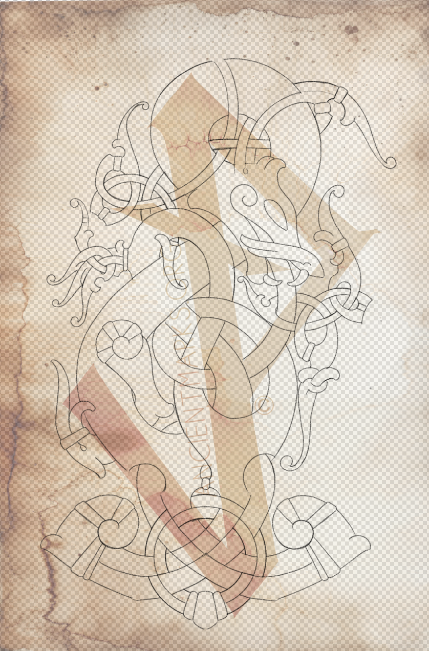 a half sleeve drawing with Mjulnir and Jormungunder intertwined. @2025 Ancient Marks, LLC, Jon Poulson