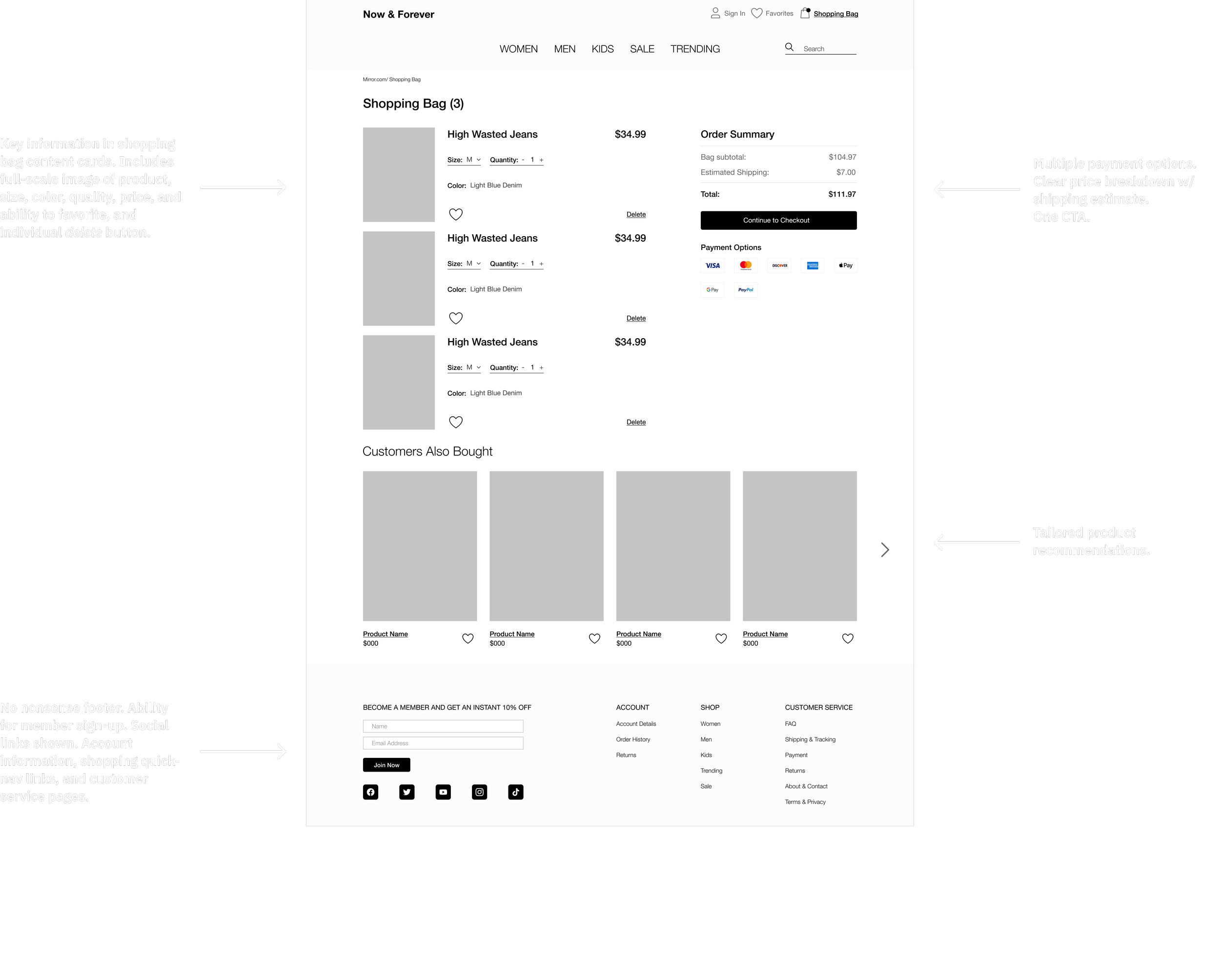 shopping bag page ecomm wireframe