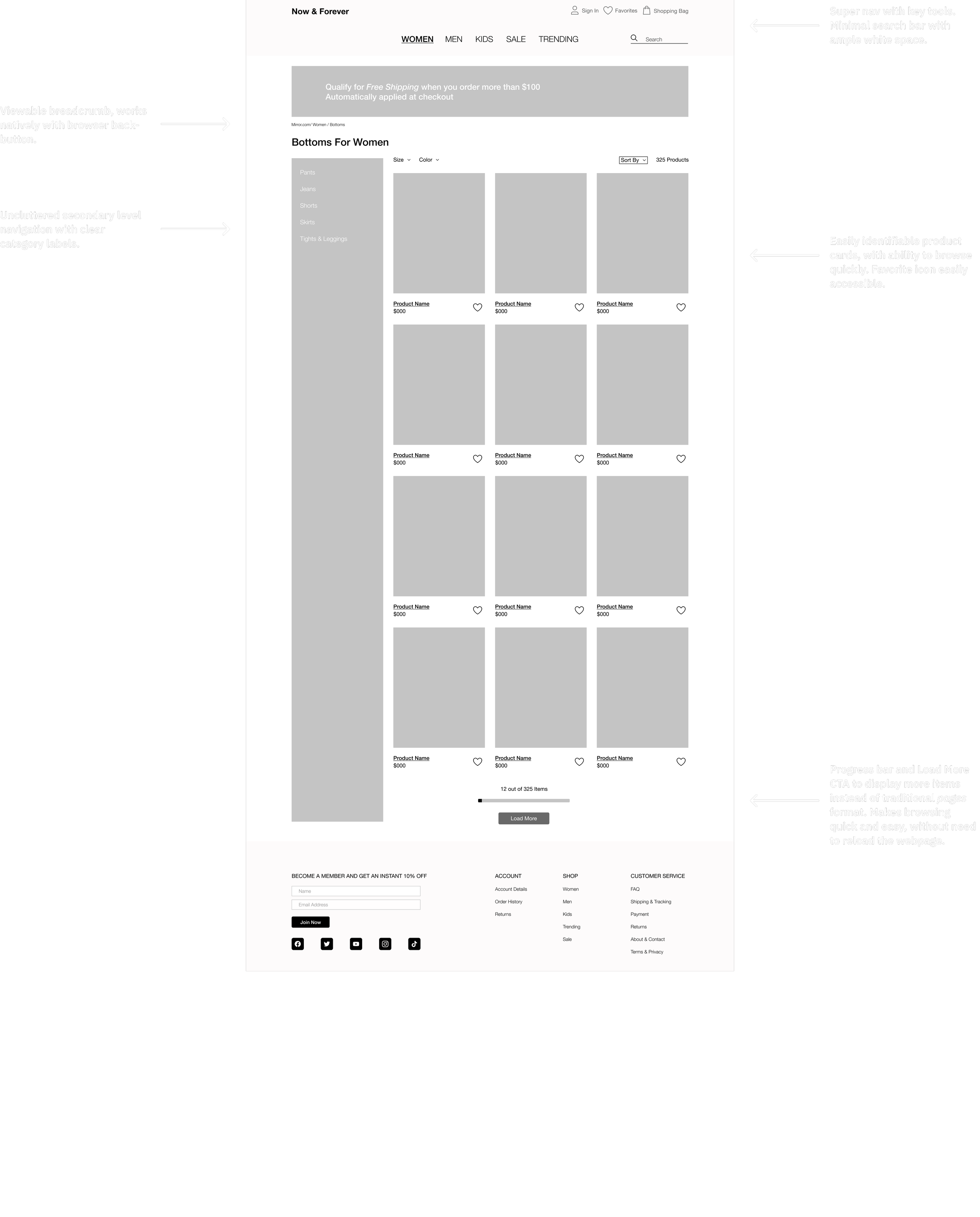 women's bottoms product page ecomm wireframe