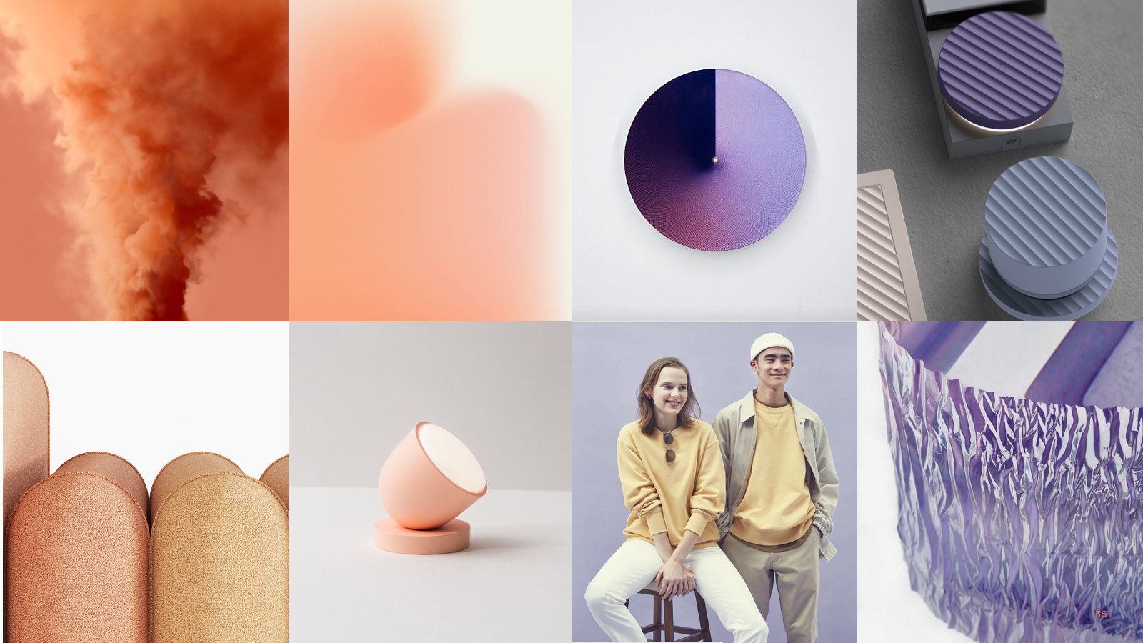 Collage aus Bildern mit Pastellfarben und modernen Designs, inklusive Rauchwolke, Farbproben, stylischen Möbeln, zwei smiling Personen und abstrakten Texturen.