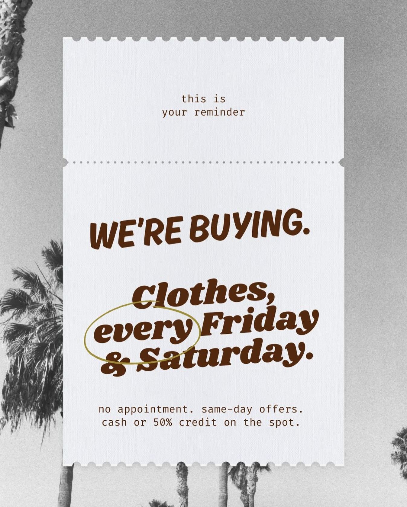 Yep. Every Friday &amp; Saturday we&rsquo;re buying your secondhand clothing. Not sure what to bring in? Bring it all - we&rsquo;re happy to have a look. Get your offer the same day you drop off✨