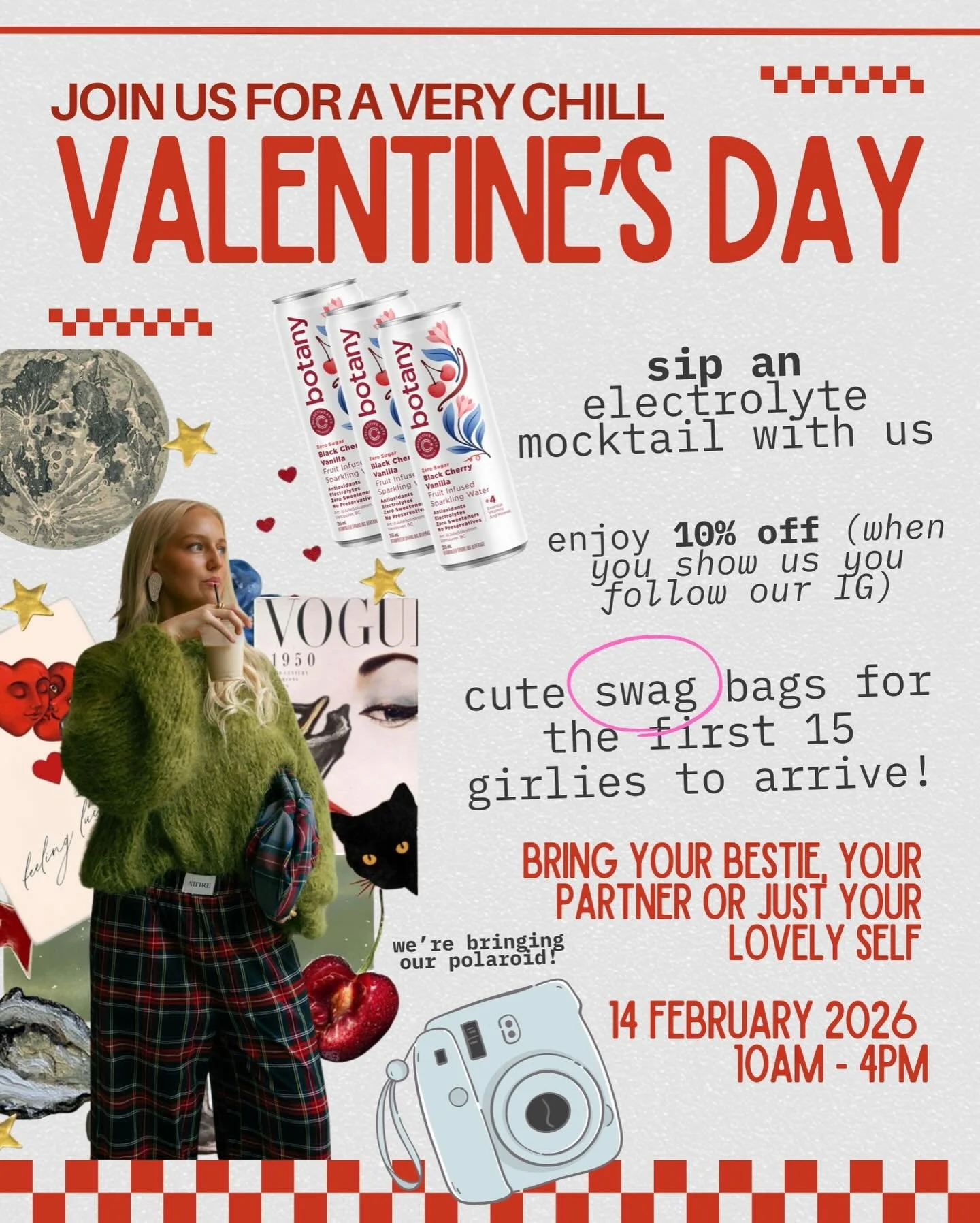 💕single, taken, or just vibing. bring your bestie, your partner, or just your lovely self.

sip an electrolyte mocktail, grab a swag bag (first 15), take cute pics in your fave vintage (have you seen or vintage guest racks yet!) + get 10% off when y