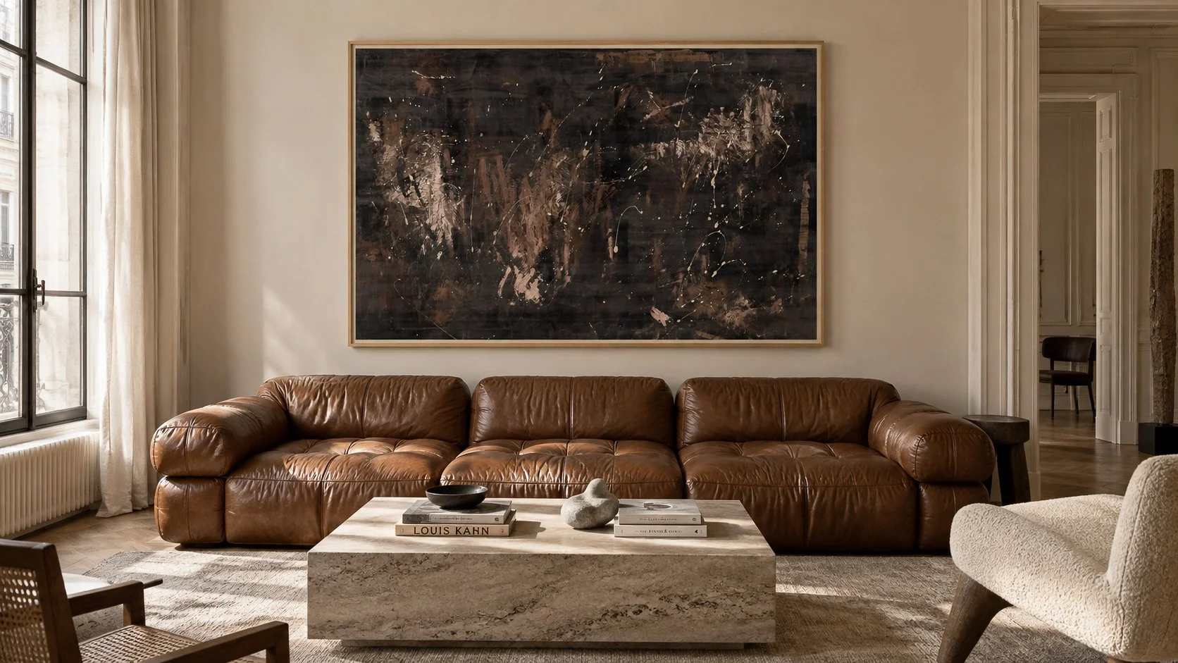 Living room with a large leather sofa, a marble coffee table with books and decorative objects, a large abstract painting on the wall, and a window with curtains.