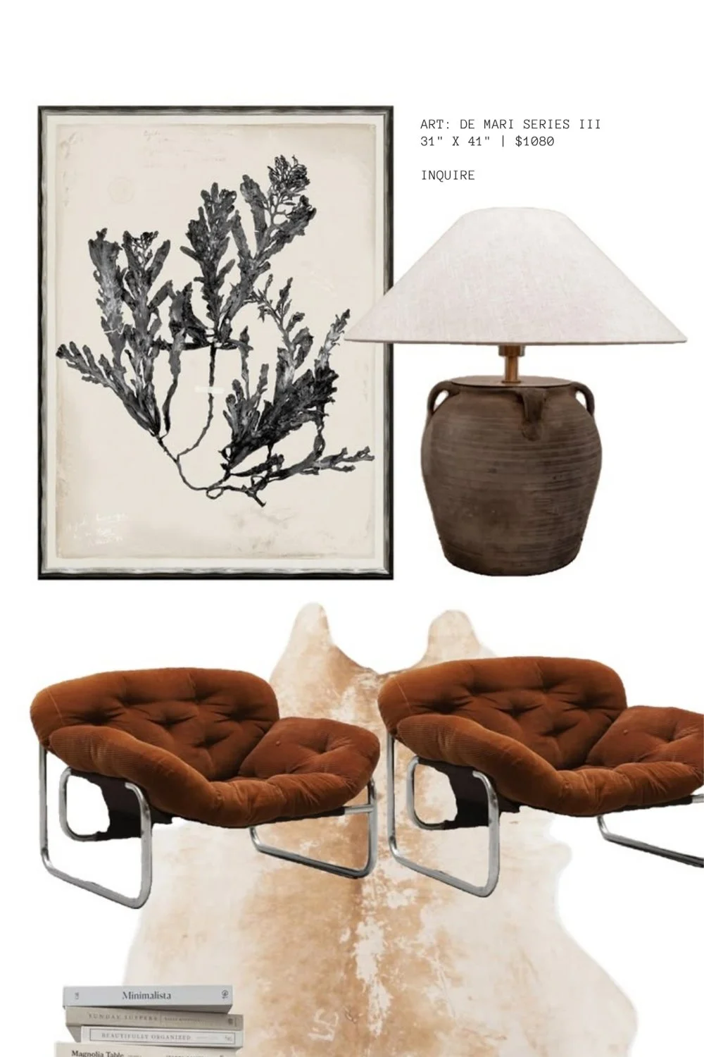 Interior decor featuring framed black and white artwork of a plant, a beige table lamp with a textured brown vase base, two brown tufted lounge chairs with metal frames, and a stack of white books on a cowhide rug.