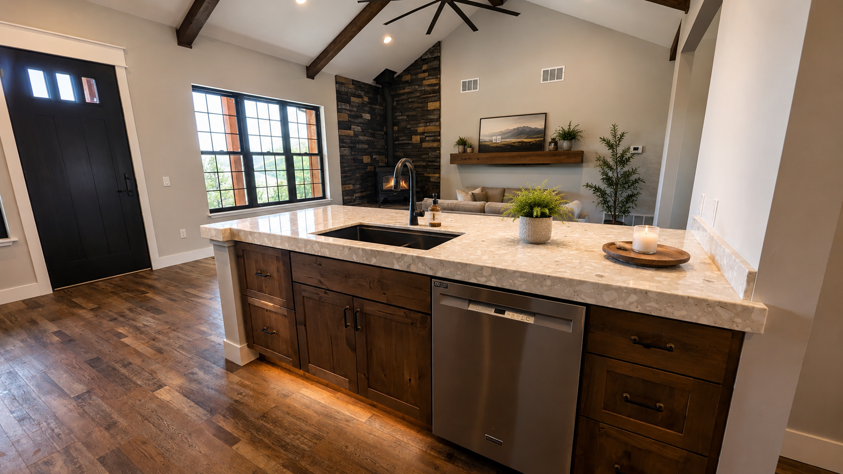 Cotton Construction Helena MT Custom Home Wood Floor Beams Fireplace