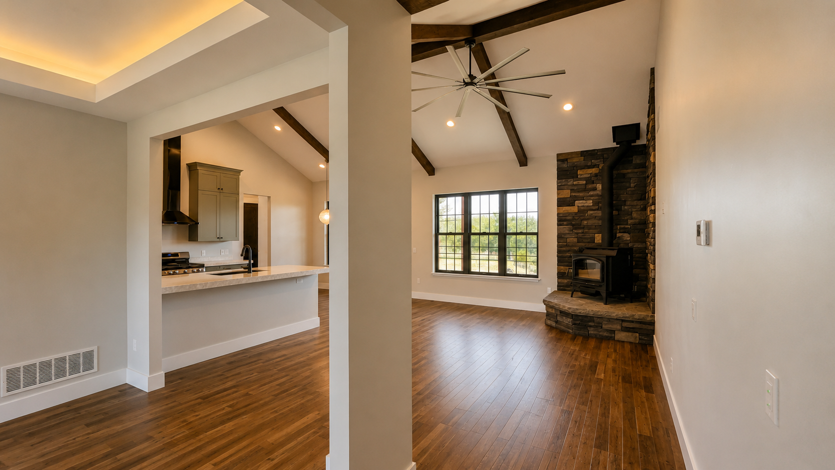 Cotton Construction Helena MT Custom Home Wood Floor Beams Fireplace