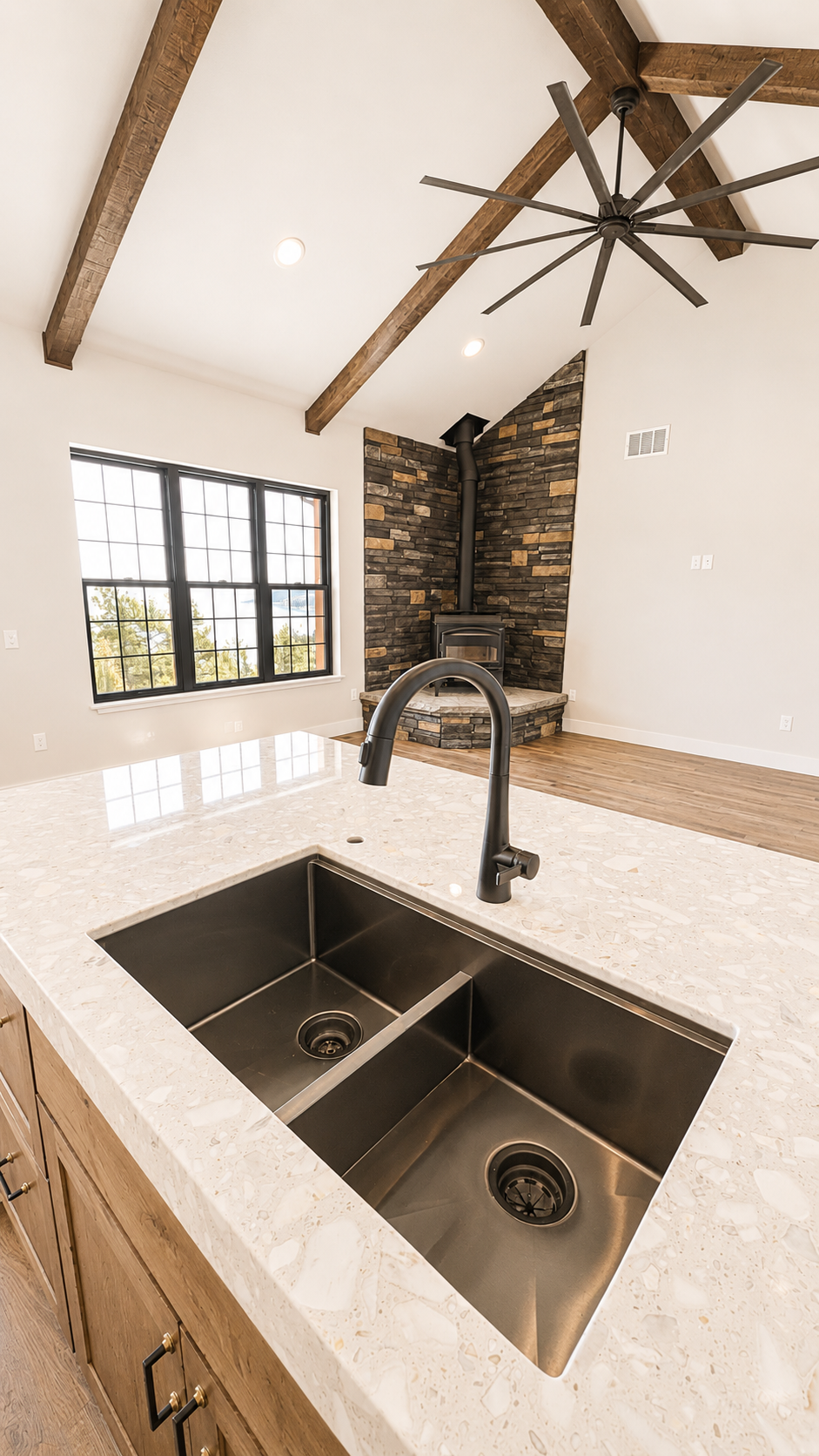 Cotton Construction Helena MT Custom Home Wood Floor Beams Fireplace