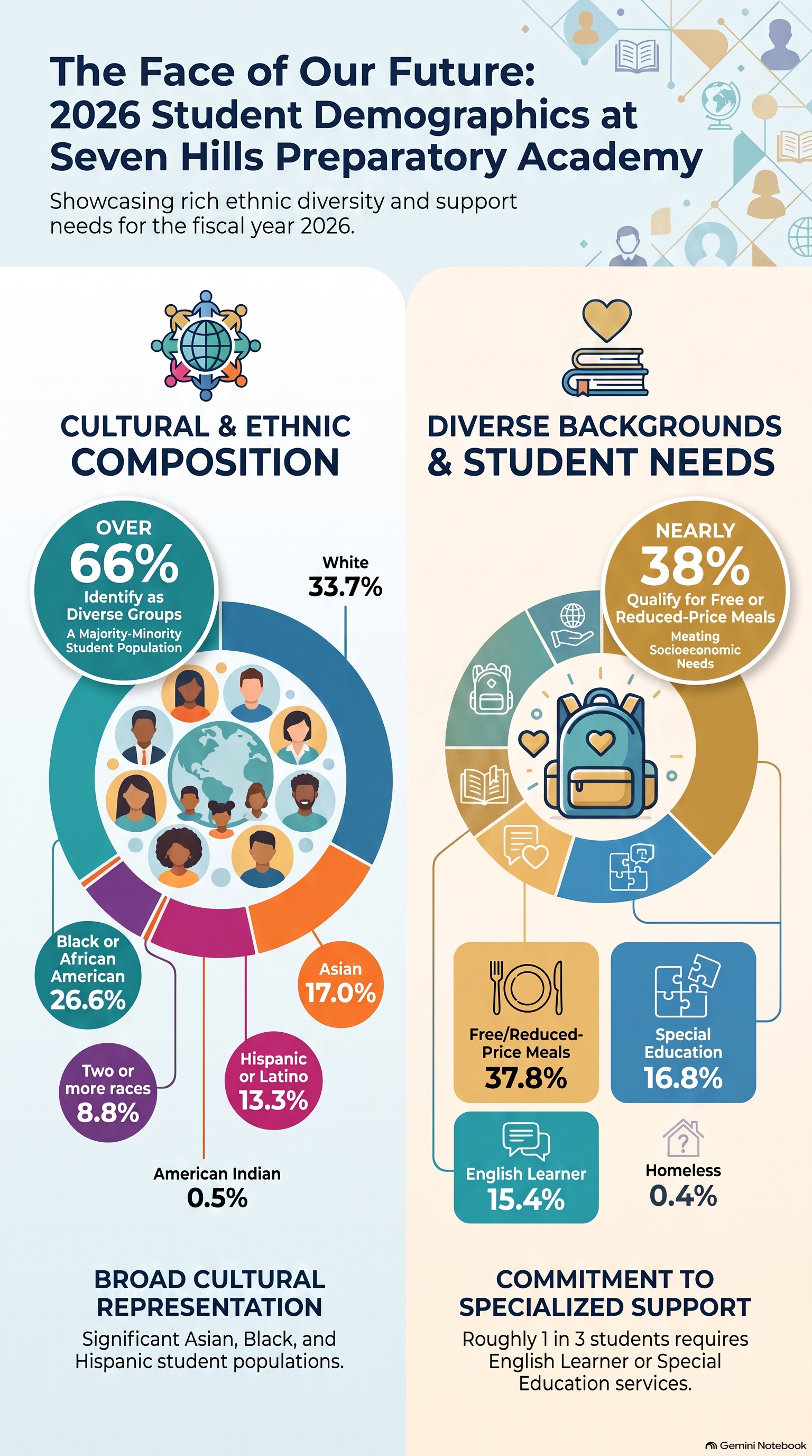 Infographic titled "The Face of Our Future: 2026 Student Demographics at Seven Hills Preparatory Academy". The infographic presents data on student diversity and support needs, including a pie chart showing ethnic and racial composition with over 66% identifying as diverse groups, including Asian (17.0%), Hispanic or Latino (13.3%), Black or African American (26.6%), Two or more races (8.8%), American Indian (0.5%), and a miscellaneous group. A section highlights that nearly 38% qualify for free or reduced-price meals. Additional categories include English learners (15.4%), students needing special education (16.8%), and homeless students (0.4%). The infographic emphasizes broad cultural representation and support for minority and diverse student populations.