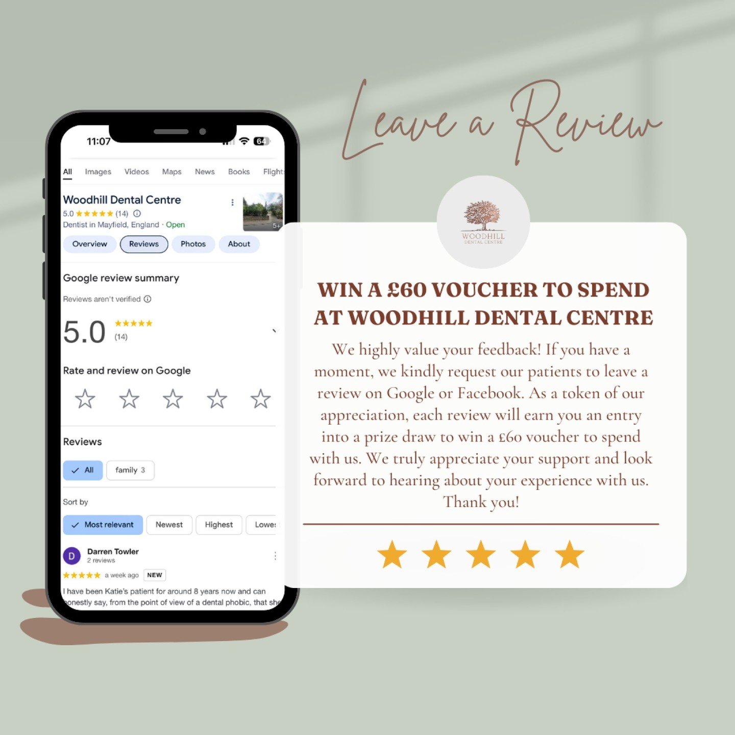WIN A &pound;60 VOUCHER TO SPEND AT WOODHILL DENTAL CENTRE!

We highly value your feedback! If you have a moment, we kindly request our patients to leave a review on Google or Facebook. As a token of our appreciation, each review will earn you an ent