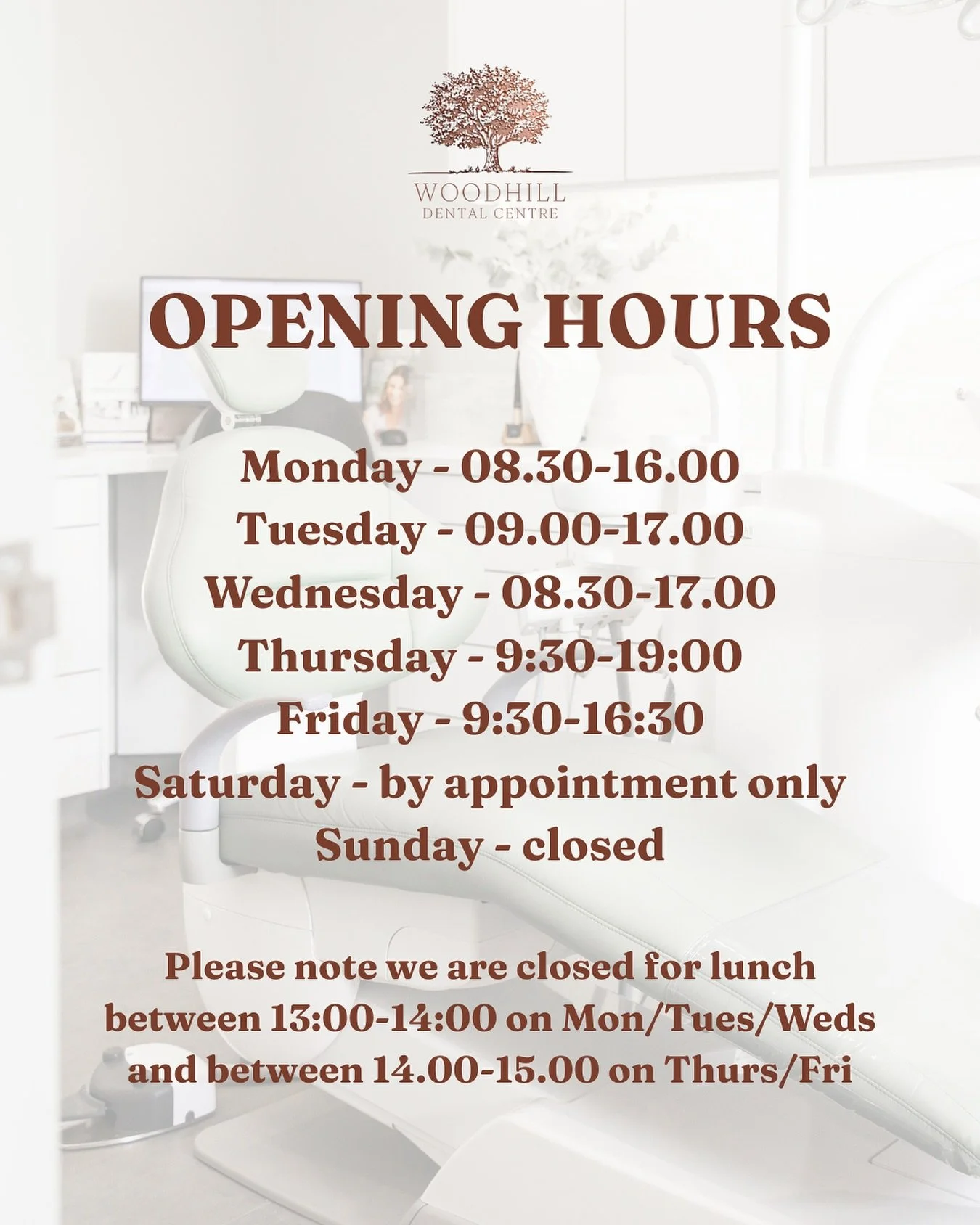 ⏰ UPDATED HOURS ⏰
 We&rsquo;ve made a few small changes to our opening times. They are now as follows:

Monday - 08.30-16.00
Tuesday - 09.00-17.00
Wednesday - 08.30-17.00
Thursday - 9:30-19:00
Friday - 9:30-16:30
Saturday - by appointment only
Sunday