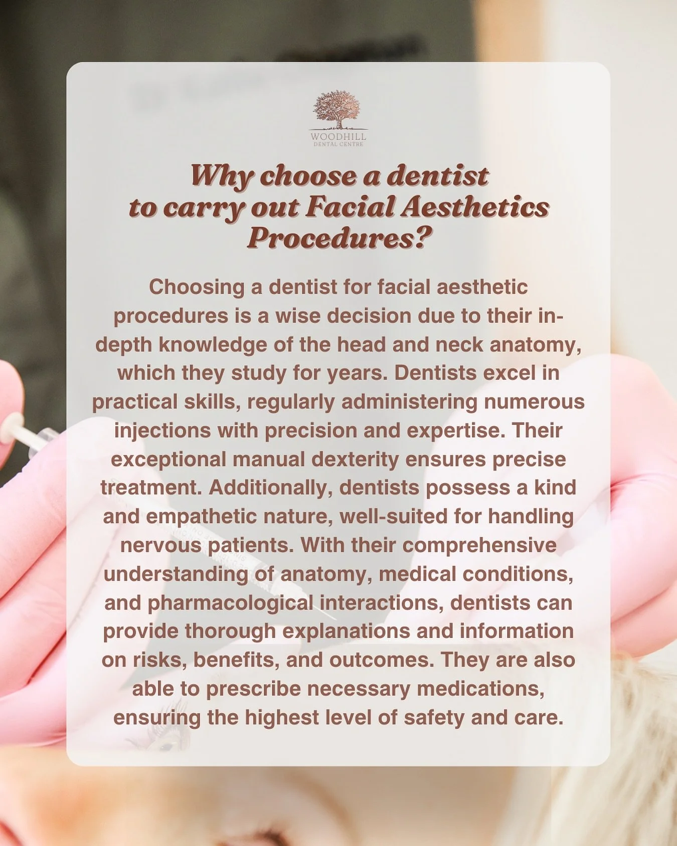 At Woodhill Dental Centre we offer a range of facial aesthetic treatments designed to refresh and rejuvenate your appearance, always with subtle, natural-looking results:
💉 Anti-wrinkle injections (Botox&reg;) &ndash; smooth fine lines and prevent d