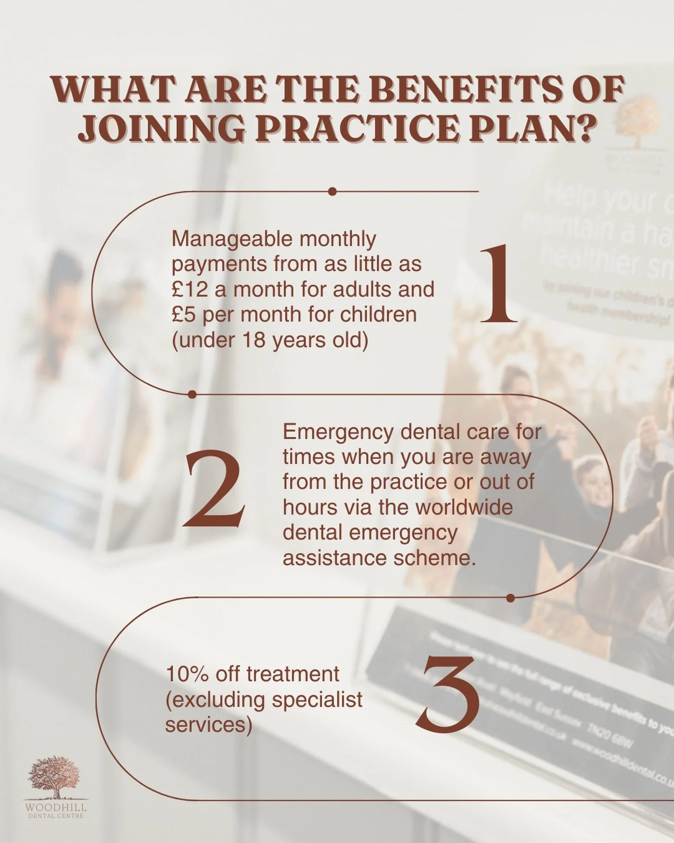 Our in-house dental membership scheme makes it easier to stay on top of your oral health with affordable monthly payments for:
 ✅ Routine dental examinations
 ✅ Hygiene appointments
 ✅ X-rays

Regular visits help prevent decay and gum disease, keepin