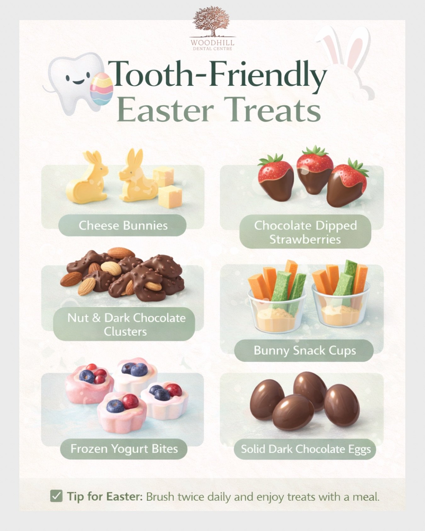Tooth-Friendly Easter treats 🐣🍫

Easter can still be sweet while being kinder to your teeth. Choosing snacks like cheese, nuts, yogurt, fresh fruit, or dark chocolate can help reduce the risk of tooth decay compared to sticky or sugary sweets.

If 