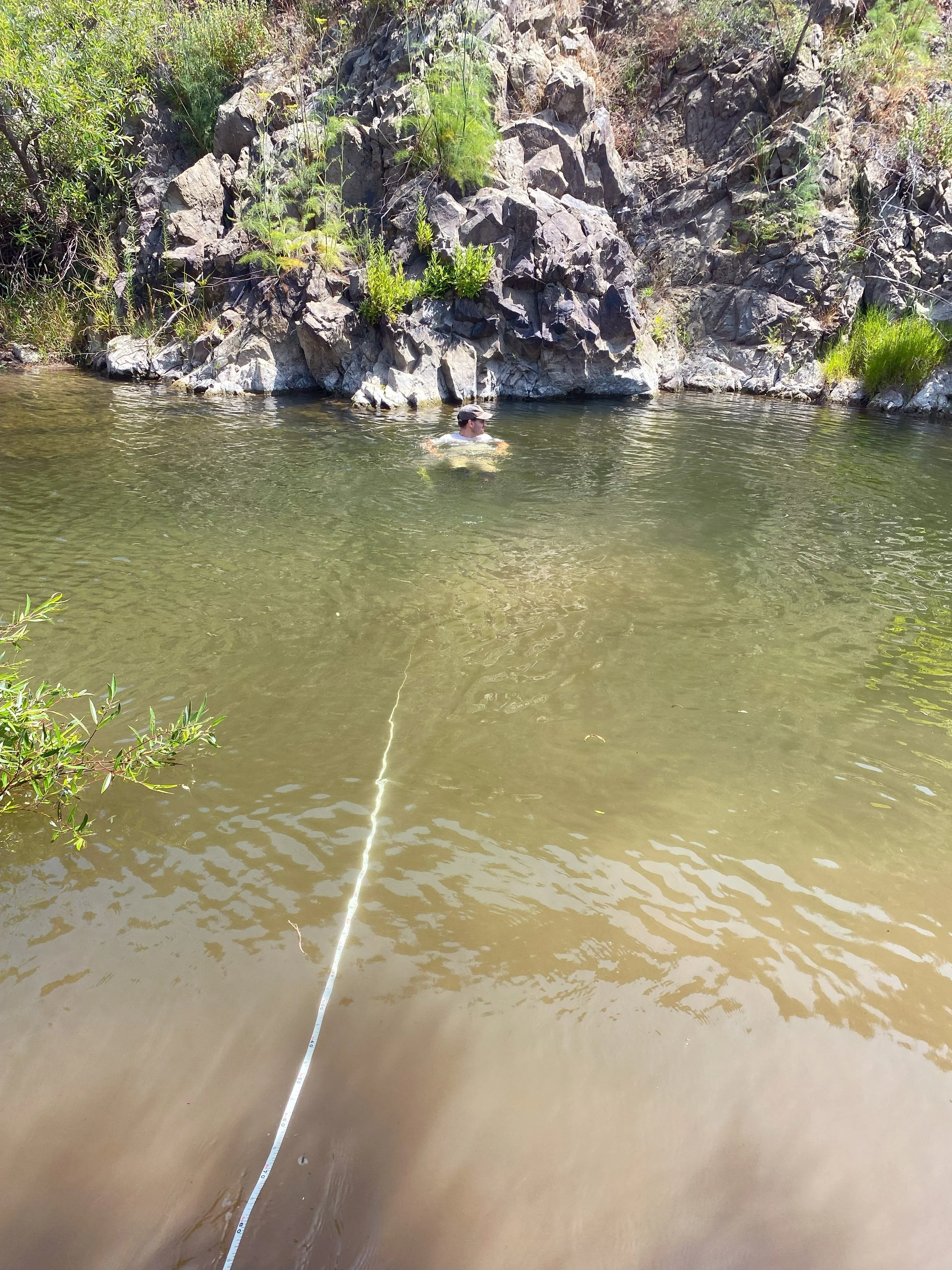 Biologist Luke Benson, Resource Conservation District measures Malibu Creek. Photo courtesy of RCDSMM