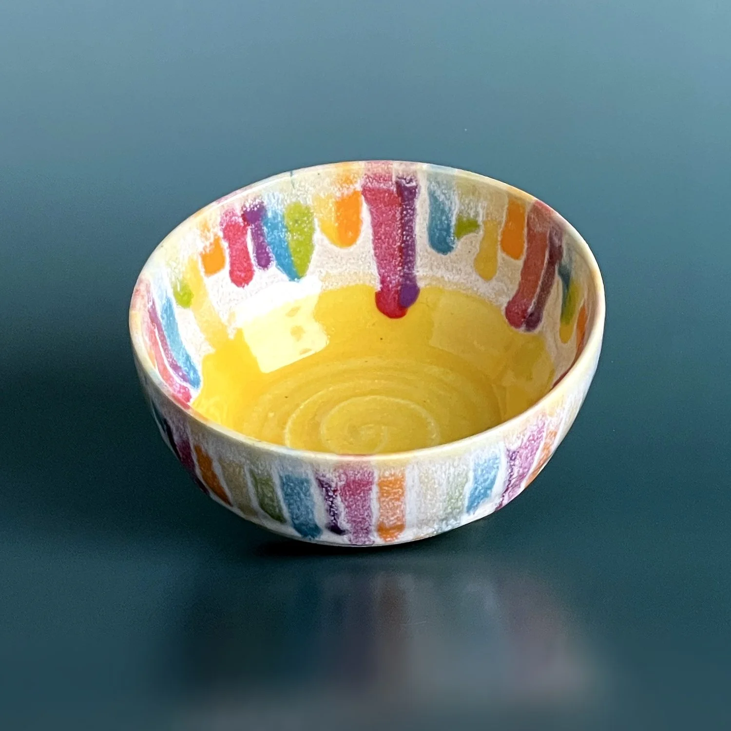 Rainbow Wave Collection - Handmade Ceramic Mini Bowl: Yellow Rainbow Drips