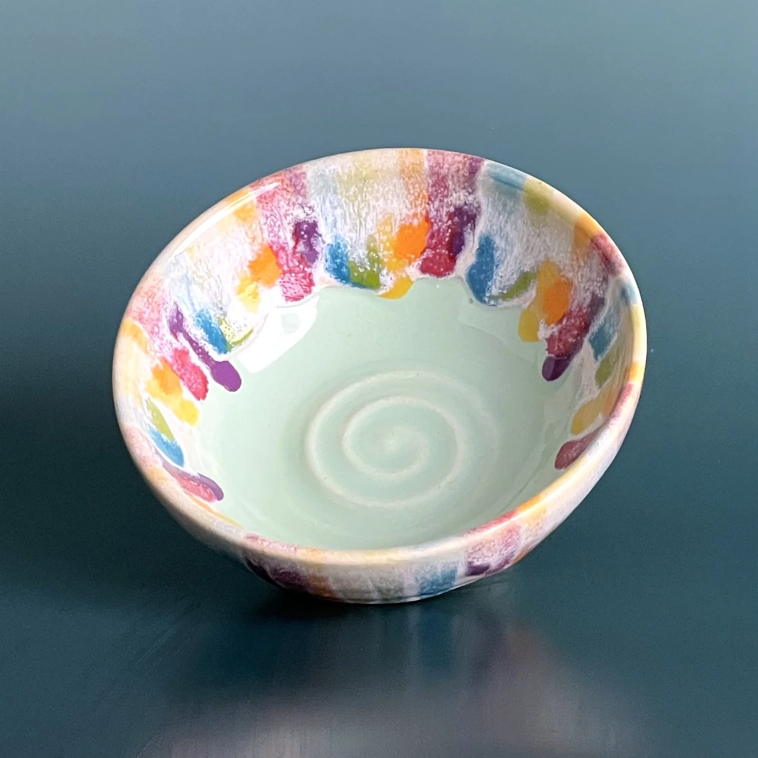 Rainbow Wave Collection - Handmade Ceramic Mini Bowl: Aqua Rainbow Drips