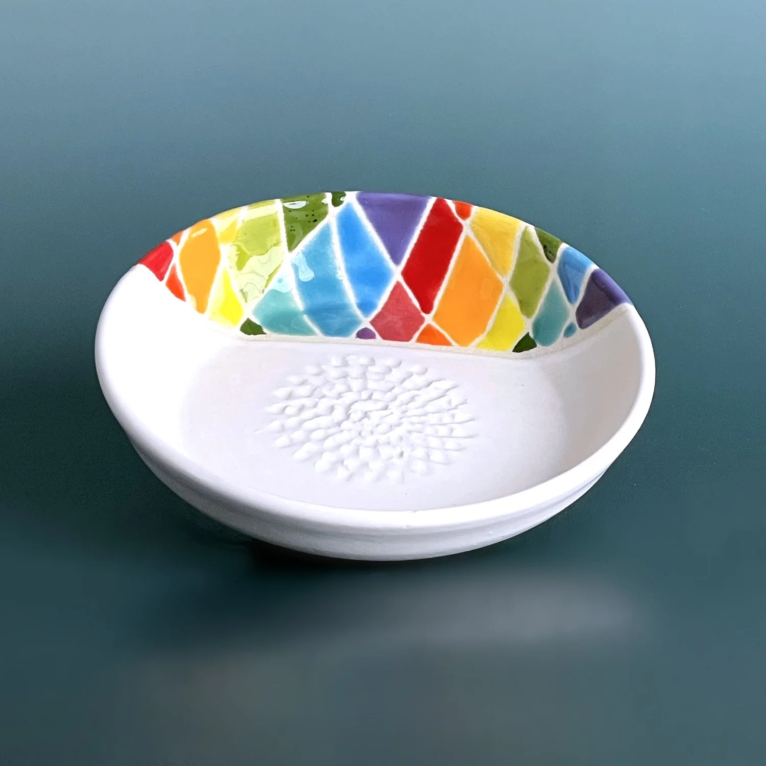 Retro Revival Collection - Handmade Ceramic Garlic Grater: Rainbow Lattice