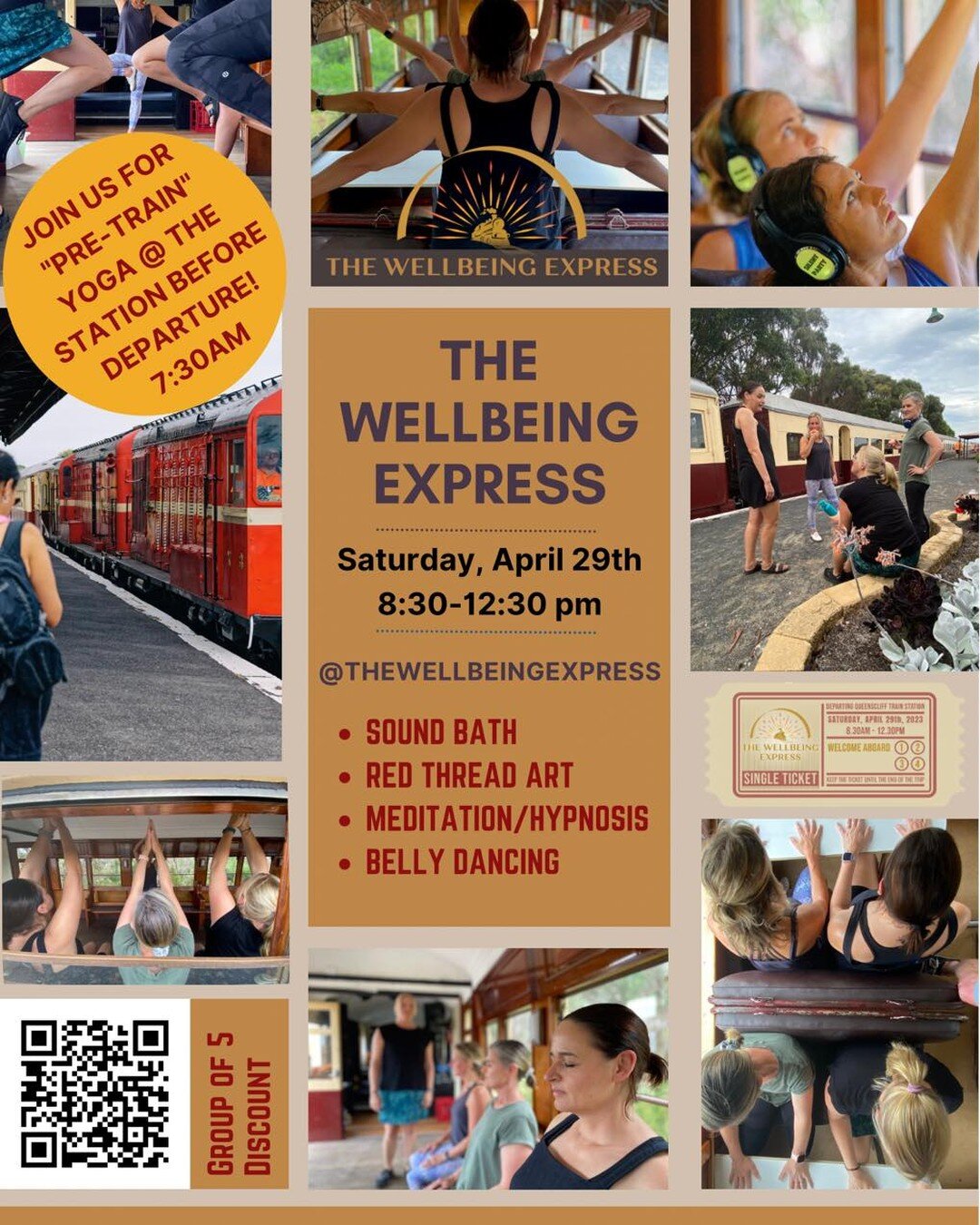 What you need to know:
Climb aboard the Wellbeing Express
On Saturday 29th April

7:30am Pre-train Yoga,
8:30am train check in,
Move through 4 carriages,
Middle-eastern (belly) dancing,
Guided Meditation,
Red thread needlework,
Sound bath,

40 minute