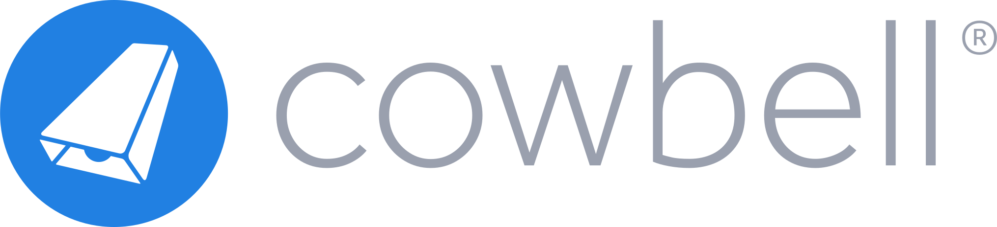 Cowbell logo with a black cowbell illustration inside a blue circle to the left of the word 'cowbell' in gray lowercase letters.