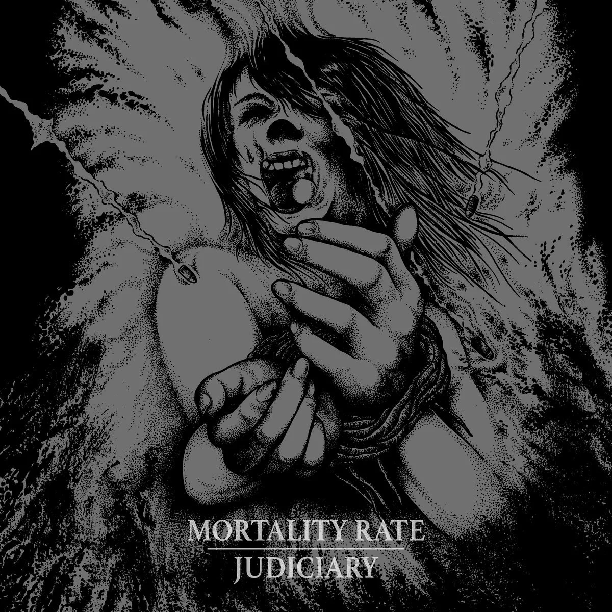 Black and white digital illustration of a woman with long hair, screaming and holding a finger to her mouth. The text 'MORTALITY RATE JUDICARY' is at the bottom of the image.