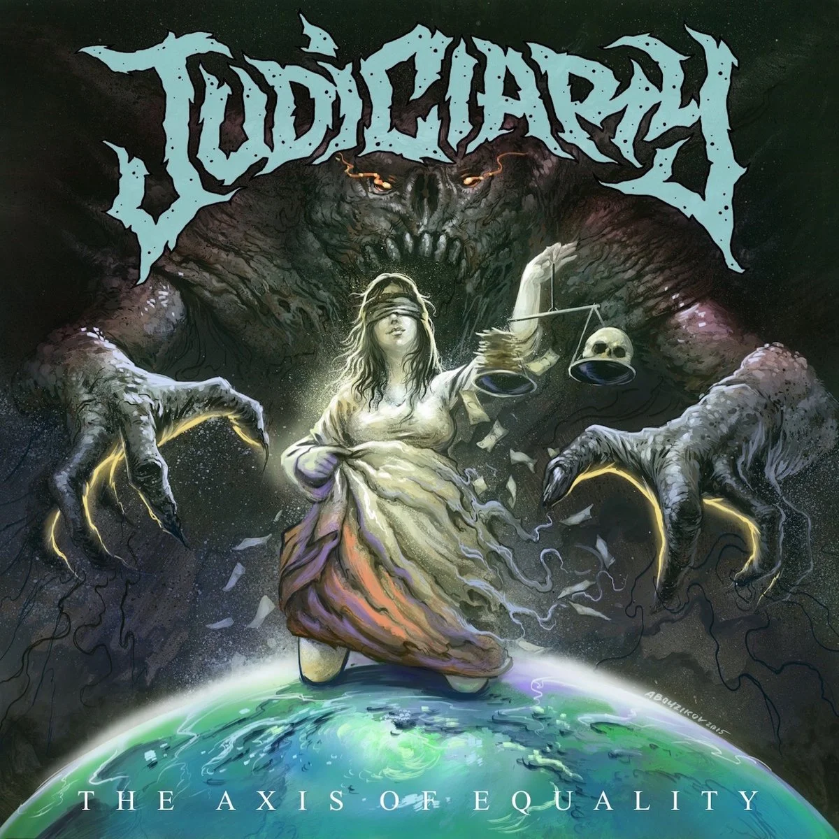 Illustration of a large, menacing creature with dark skin and glowing eyes looming over a blindfolded woman kneeling on Earth, holding a balance scale with a skull on one side. The background is dark with stormy elements, and the album title 'The Axis of Equality' is displayed at the bottom.