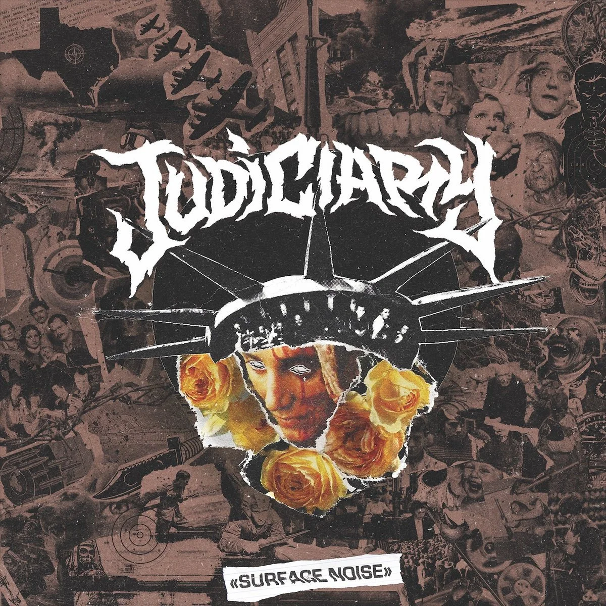 Album cover for Todi Chaos, titled 'Surface Noise'. It features a collage of black-and-white vintage and contemporary images, with a central graphic of a torn photo of a woman's face surrounded by yellow roses, and a chaotic background including aircraft, people, and various objects.