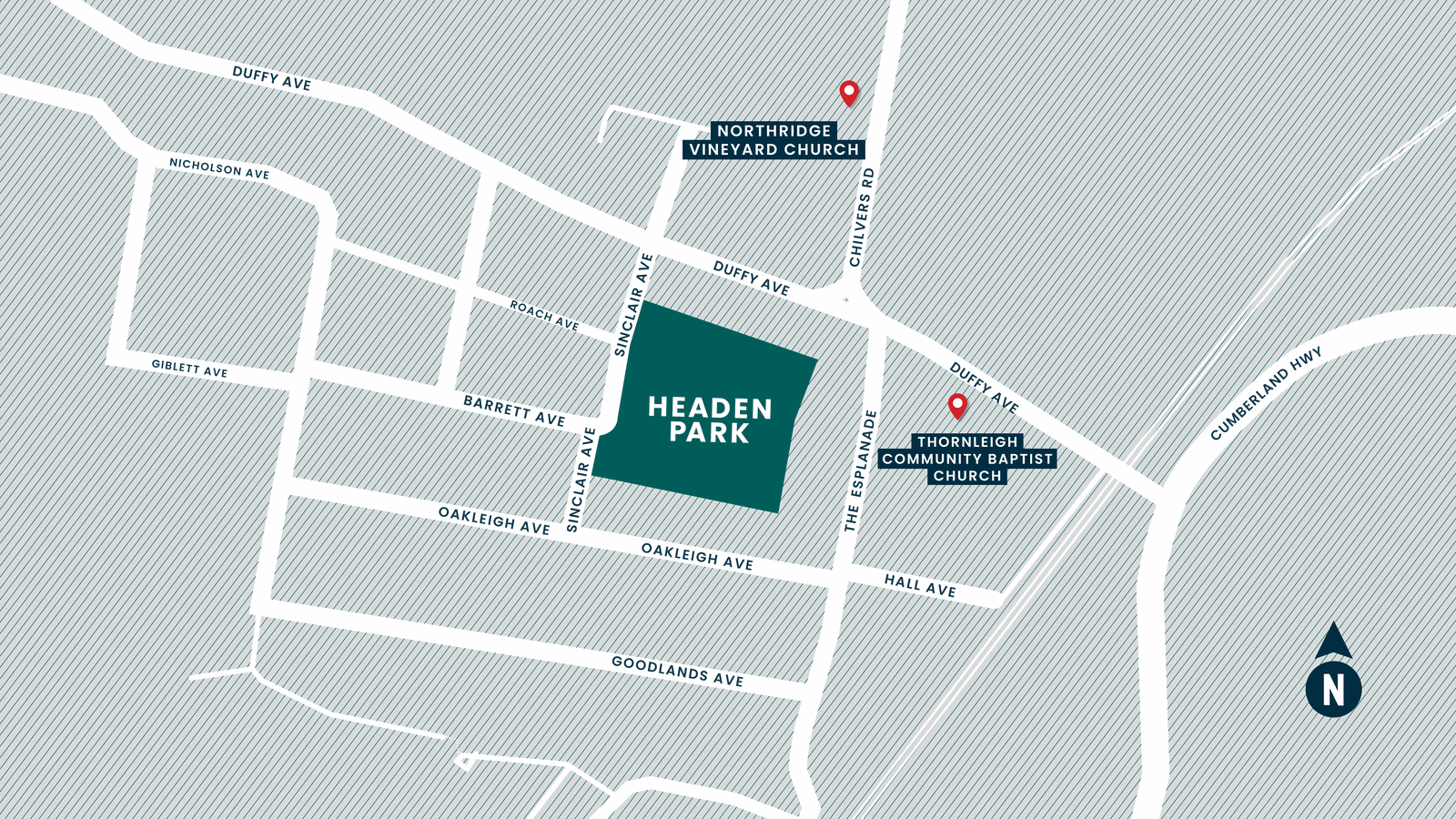 Map showing Headen Park and surrounding streets including Sinclair Avenue, Oakleigh Avenue, and Duffy Avenue, with two church locations marked near Duffy Avenue: Northridge Vineyard Church and Thornleigh Community Baptist Church.