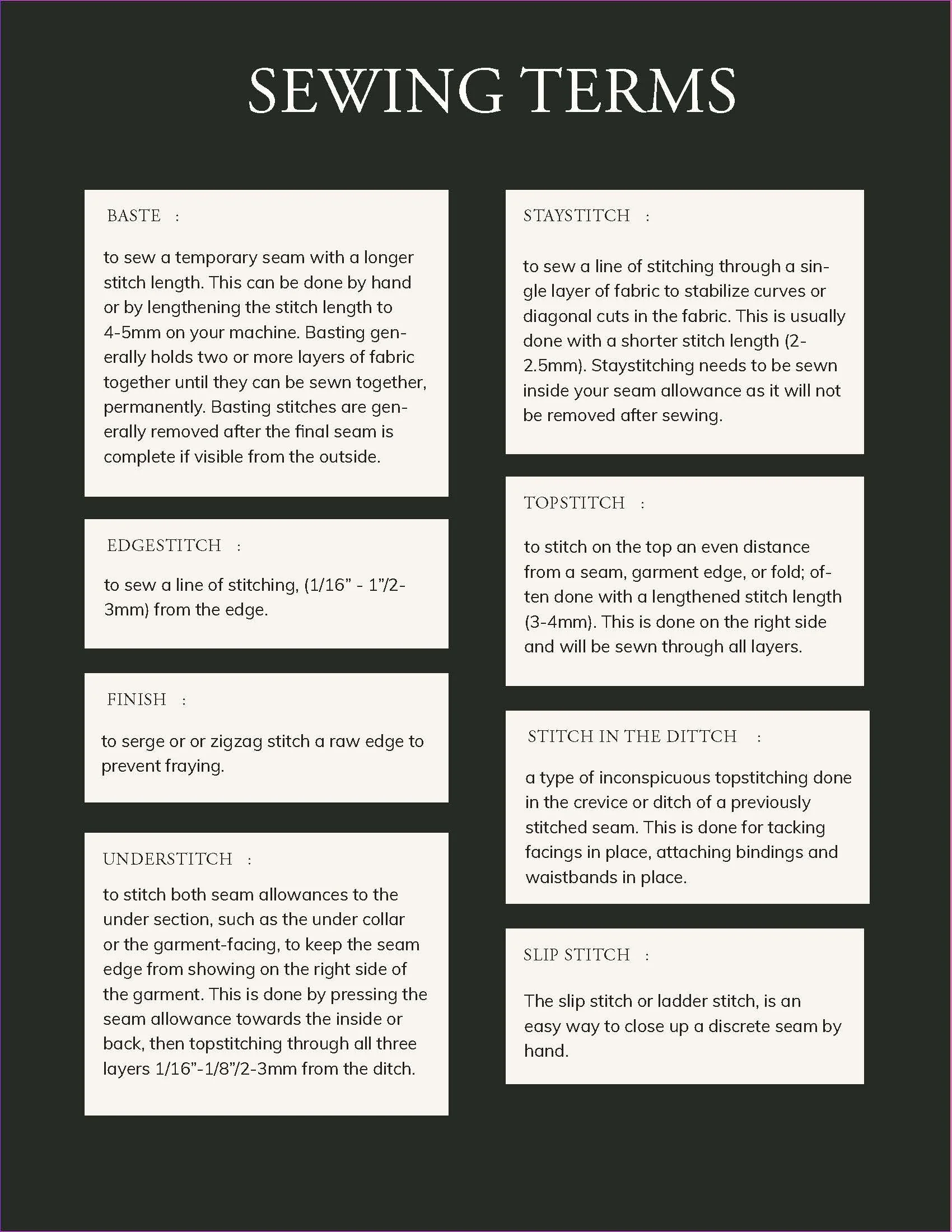 Free Download Sewing Glossary/Terms