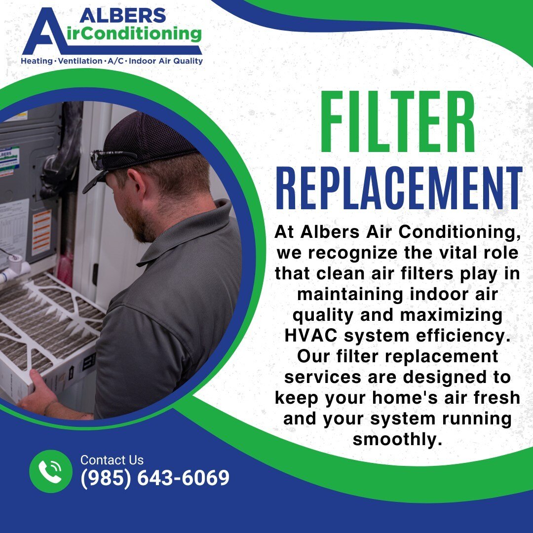 Keep your HVAC system running smoothly with regular filter replacements from Albers Air Conditioning! Our team ensures your filters are clean and efficient, maximizing airflow and indoor air quality. Say goodbye to dusty, inefficient filters and hell