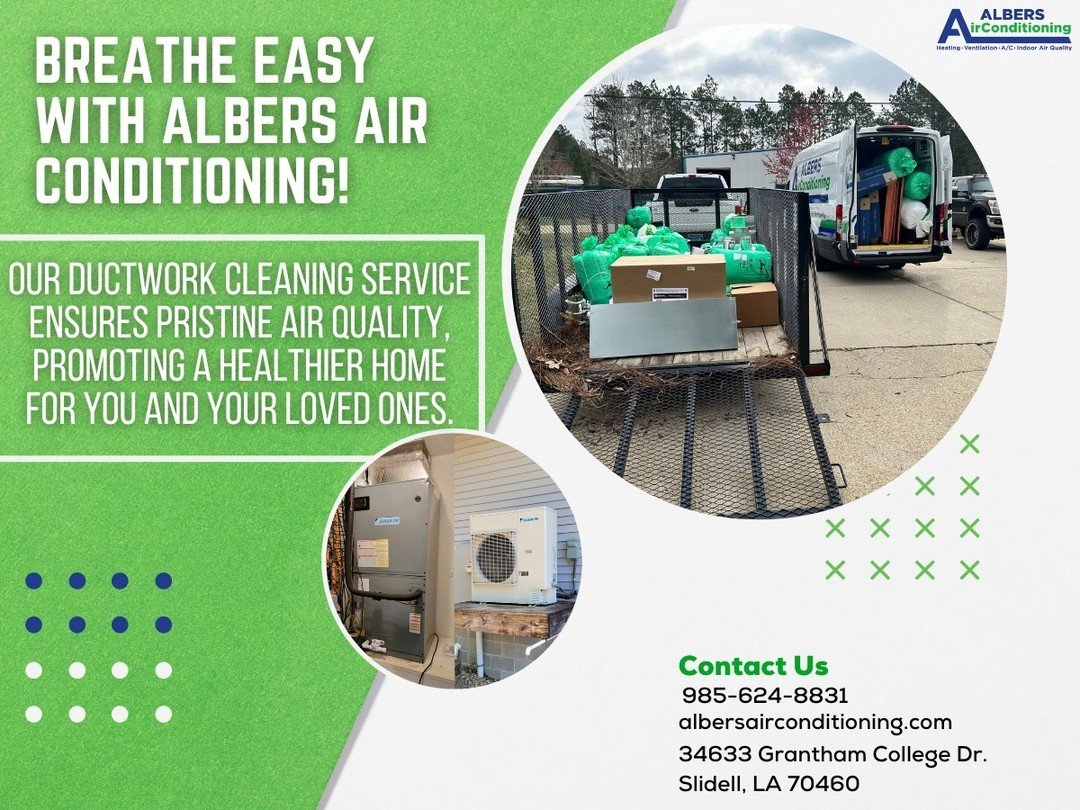 Breathe easy with Albers Air Conditioning! Our ductwork cleaning service ensures pristine air quality, promoting a healthier home for you and your loved ones. Call us today to experience the difference!⁠
⁠
⁠
⁠
#hvac #hvacla #hvaclouisiana #ac #aircon